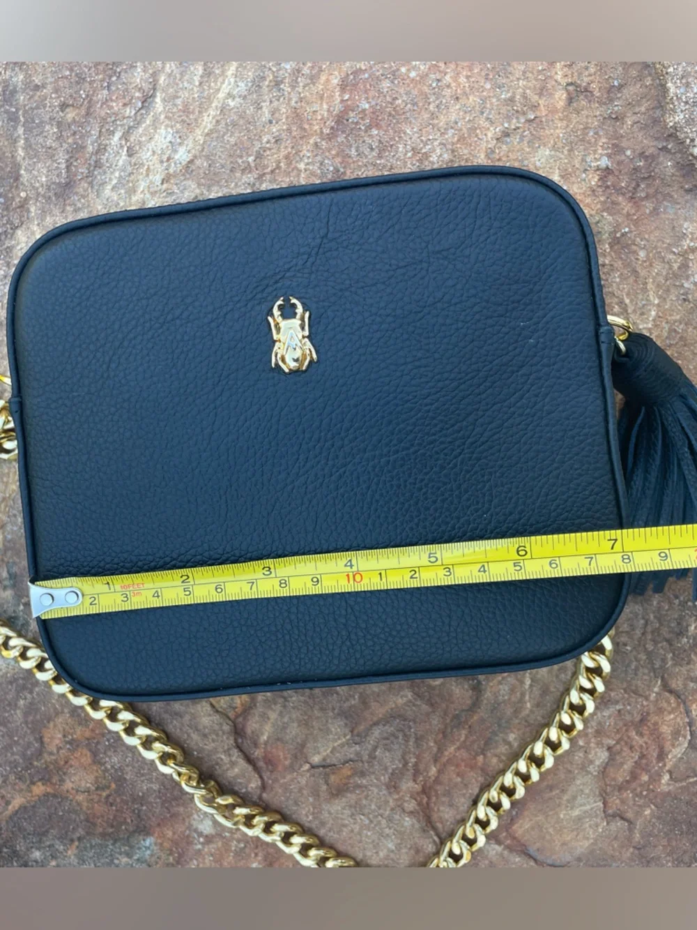 Black Leather Crossbody with Gold Chain and Tassel Accent by Avorigen (CdlG)